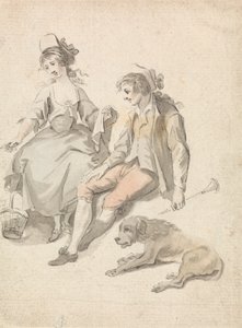 Berger, bergère et chien - Michel Vincent Brandoin