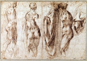 Groupe de quatre figures debout et un drapé Dessin à la plume de Michel-Ange (Michelangelo)