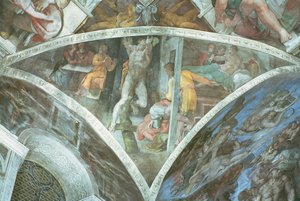 Plafond de la Chapelle Sixtine : Haman (pendentif) (avant restauration) - Michelangelo Buonarroti