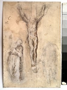 Étude pour une crucifixion. Représentation du Christ en croix avec la Vierge et Saint Jean. Dessin par Michelangelo Buonarroti dit Michel-Ange