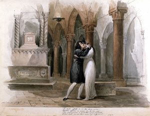 I Capuleti e i Montecchi (Les Capulet et les Montaigu) par Vincenzo Bellini, représentation au Théâtre de la Fenice à Venise. Giuditta Pasta et Giulia Grisi interprétant Roméo et Juliette. Aquarelle de Michele Bisi
