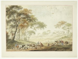 Paysage avec bergers et bergères. En arrière-plan une ferme
