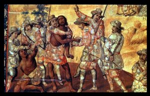 Détail des Conquistadors coupant les mains de deux espions de Xicotencatl