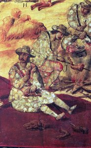 Conquistadors affamés mangeant de la viande de chien