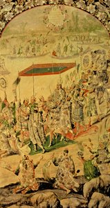 Une des deux panneaux représentant la rencontre entre Hernando Cortes (1485-1547) et Montezuma (1466-1520) : Montezuma et ses partisans, 1698