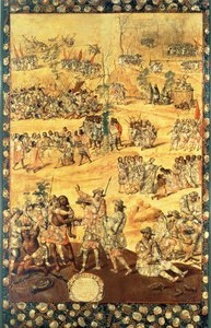 La Rencontre entre Hernando Cortes et Montezuma, panneau de la Conquête du Mexique