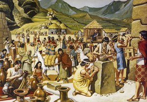 La vie quotidienne dans une communauté inca (lithographie couleur)