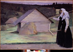 Été. Deux femmes, portant leur râteau, le soir après les travaux des champs, marchent devant des meules de foin et des cabanes de bois. Peinture de Mikhail Nesterov (1862-1942), huile sur toile