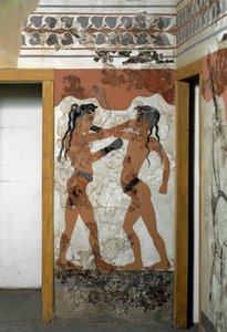 Art minoen : combat entre deux boxeurs. Fresque d