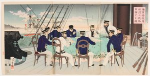 Officiers de marine discutant des stratégies de bataille pour la soumission de la Chine - Mizuno Toshikata