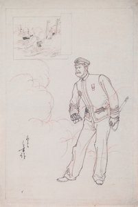 Dessin préparatoire pour une gravure sur bois représentant un officier naval japonais pendant la guerre sino-japonaise - Mizuno Toshikata