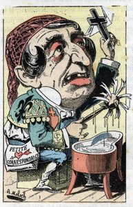 Allégorie du journal français Le Figaro dans « Le Trombinoscope » par Touchatout, caricature par B. Moloch de 1882 - Collection privée