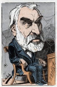 Eugène Pelletan (1813-1884), journaliste littéraire et homme politique français dans « Le Trombinoscope » par Touchatout, caricature de B. Moloch de 1882 (1849-1909). Collection privée