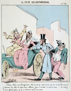 HE. EX. EX. Motoredons : Caricature du transport en ville. Un cocher prend un ami ivre dans la voiture à côté de deux bourgeoises horrifiées. Dessin de Moloch (1849-1909), vers 1860 - Moloch