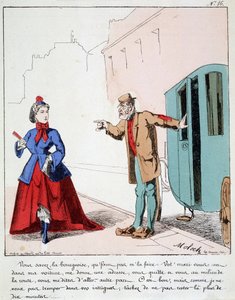 HE. EX. EX. Motoredons : Caricature du transport en ville. Le cocher réprimande une bourgeoise qui va au parc tandis que son mari a demandé au conducteur de la conduire ailleurs. Dessin de Moloch (1849-1909), vers 1860 - Moloch