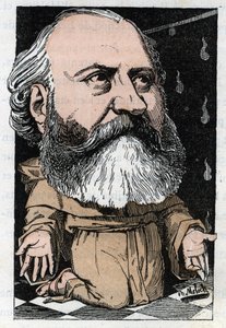 Portrait de Charles Gounod (1818-1893), compositeur français dans "Le Trombinoscope" par Touchatout, caricature de B. Moloch de 1882 (1849-1909). Collection privée.