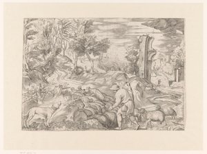 Paysage avec berger et troupeau de moutons - Monogrammist DB (etser 16de eeuw)