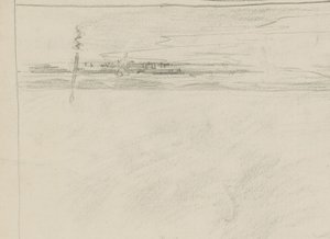 Vue de mer avec jetée et une figure sur la ligne de marée