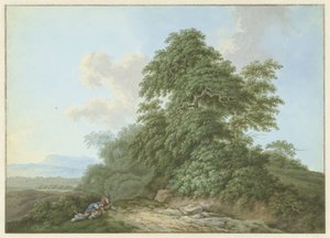 Paysage avec des voyageurs se reposant le long d