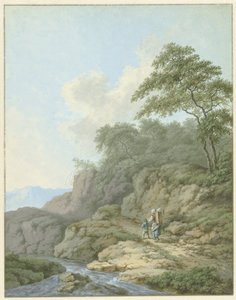 Paysage avec femme et garçon en route