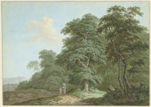 Paysage avec femme et petit garçon sur un chemin de campagne