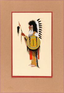 Guerrier Cheyenne en coiffe de plumes avec bouclier, vers 1915-1937 - Monroe Tsatoke