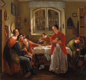 French : The return of the Volunteer from the Liberation Wars to His Family Still Living in Accordance with Old Customs (Le retour du volontaire des guerres de libération dans sa famille vivant en accord avec les anciennes coutumes) - Moritz Daniel Oppenheim