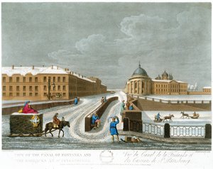Vue du canal de Fontanka et des casernes, illustration pour novembre de Une année à Saint-Pétersbourg gravée par John H. Clark, colorée par M. Dubourg. pub. 1815 à Londres par Edward Orme - Mornay