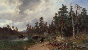 Orignal et chasseurs dans une forêt de pins - Morten Muller