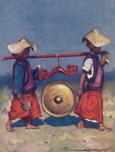 Porteurs Shan transportant un gong en laiton, 1903 - Mortimer L Menpes