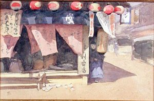 Devant une maison de thé, Japon, vers 1887-88 - Mortimer Ludington Menpes