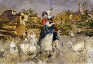 Une mère et un enfant avec des oies
