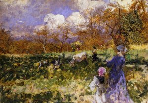 Dans le pré ; Femmes et enfants conduisant des chèvres