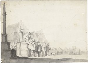 Place du marché avec crieur sur un tonneau