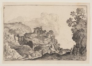 Paysage rocheux avec trois voyageurs