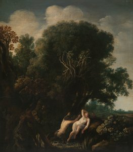 Une nymphe surprise à son bain par un satyre