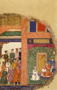 Le roi Dasaratha conversant avec le prêtre de la famille au sujet de la régence de Rama dans le palais, tandis que les courtisans et les ministres attendent dans la cour, vers 1595 - Mughal School