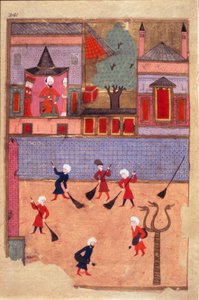 Balayeurs de rue. Page tirée du « Surname-i Humayun » ou « Livre des festivités » (ms. hazine 1344, fol. 341 a) illustrée par Osman, vers 1582. Istanbul, Topkapi Seray