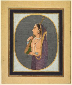 Dame de cour chantant et jouant de la vina, vers 1760 (aquarelle opaque, encre et or sur papier) - Muhammad Riza i Hindi