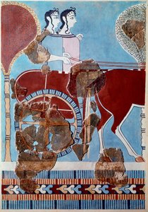Art mycénien : couple sur un char. Fragment de fresque du palais de Tirynthe et reconstitution - Mycenaean