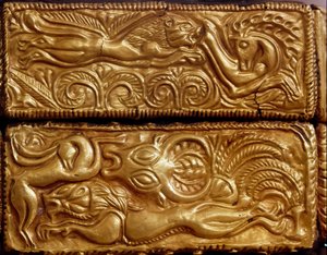 Art mycénien : chasse au lion dans une forêt (détail)