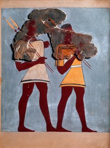 Art mycénien : guerriers. Fragment de fresque du palais de Tirynthe et reconstitution