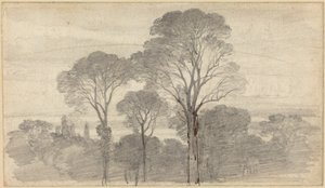 Un paysage du soir avec de grands arbres - Myles Birket Foster