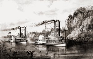 Bateaux à vapeur faisant la course sur le fleuve Mississippi, USA - N. and Ives J.M. Currier