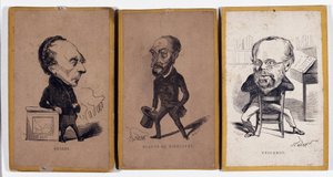 3 Portraits-charge : François Pierre Guillaume Guizot (1787-1874), historien et homme politique français, Charles Jean-Baptiste (Jean Baptiste) Jacquot dit Eugène de Mirecourt (1812-1880), journaliste et écrivain français, et Pierre-Joseph Proudhon