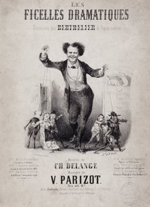 Portrait de Jean Berthelier (1830-1888) tenant les fils de marionnettes. Album « Les Ficelles Dramatiques déroulées par Berthelier de l