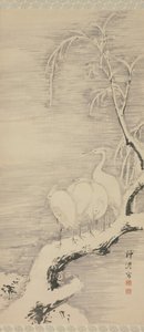 Hérons dans la neige, vers 1840 - Nakabayashi Chikuto