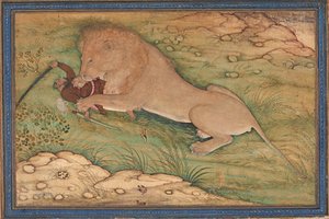 Les périls de la chasse, un lion bondit sur un chasseur, vers 1615