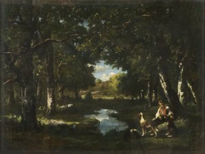 Homme et chien se reposant dans une clairière forestière - Narcisse Virgile Diaz de la Peña