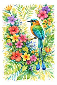Motmot au milieu des fleurs tropicales